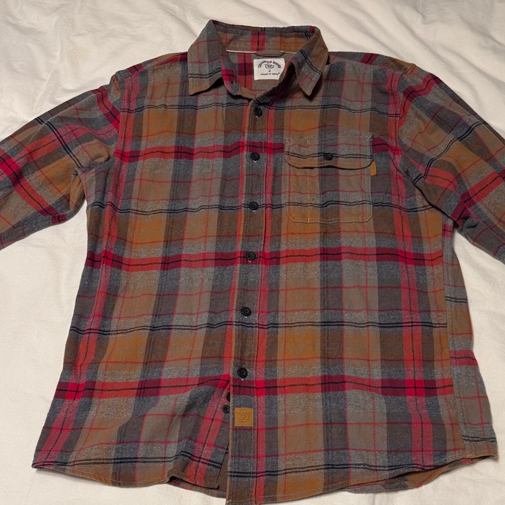 Stylish Plaid Button-Down Shirt - Red, Gray, and Orange